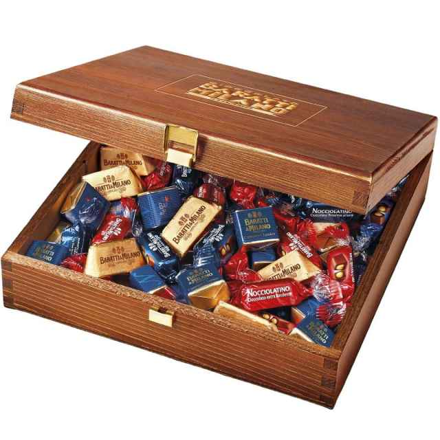 wooden box of assorted chocolate pralines
